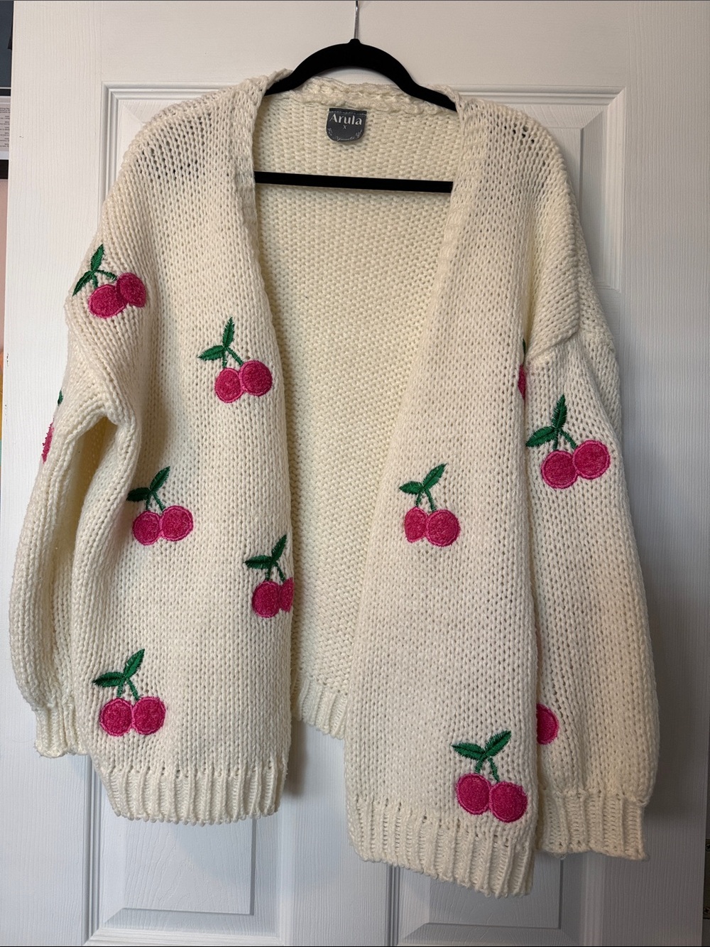 ARULA Cream Cardigan with Pink Cherry Embroidery
